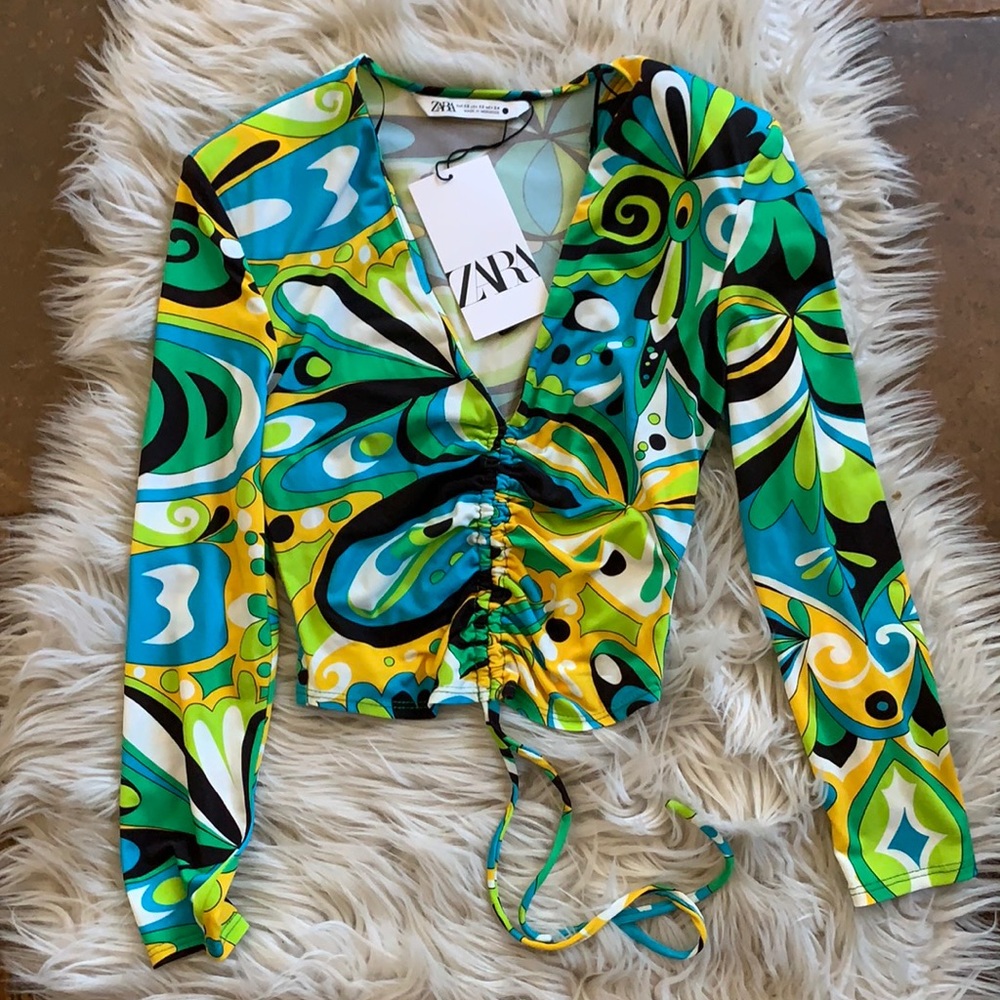 Zara Green Yellow 70s Crop Top XS NWT